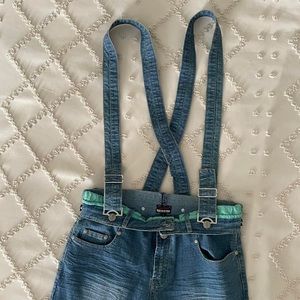 Pristine USA vintage fold over low rise jeans with attachable suspenders
